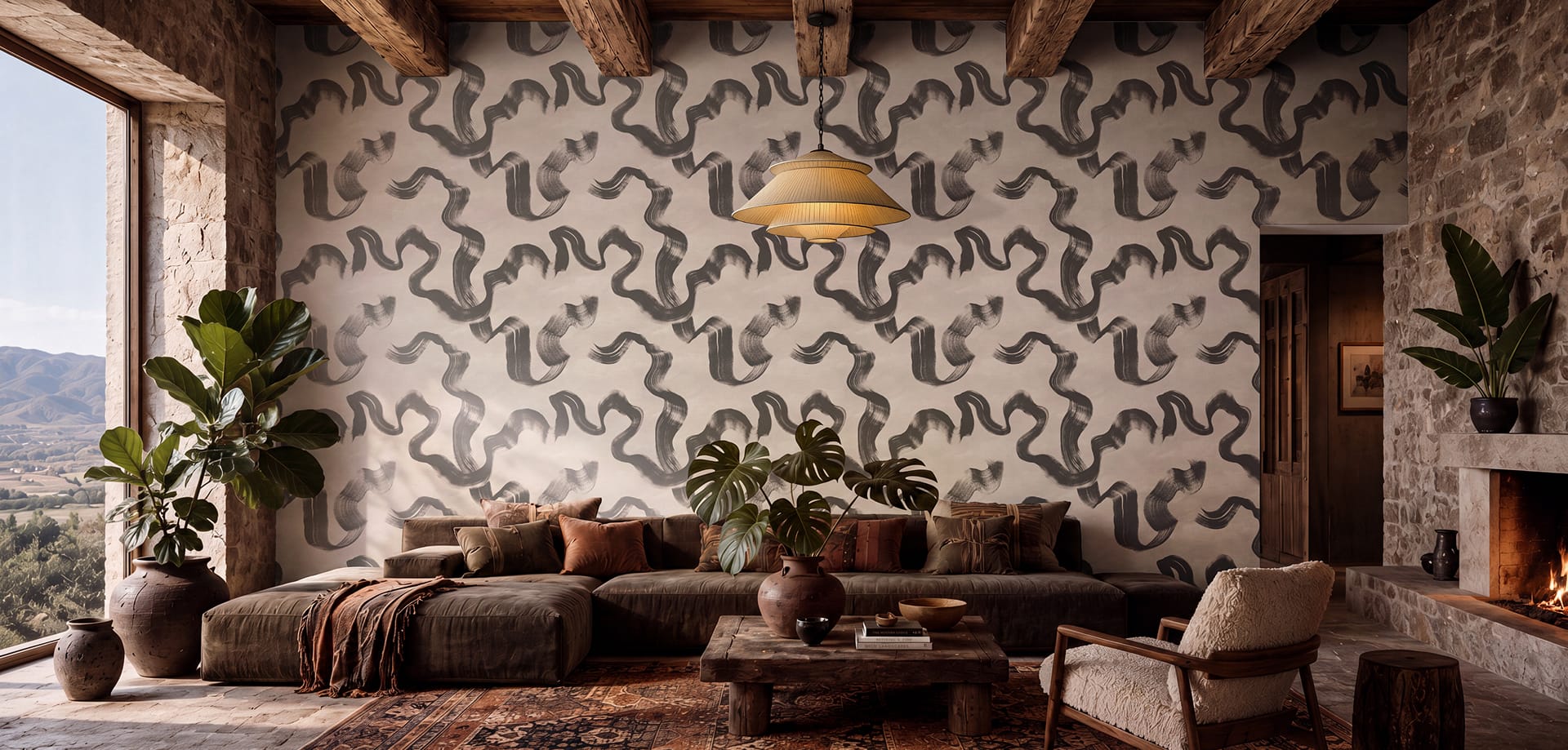 Finished wallpapered interior with bold architectural pattern
