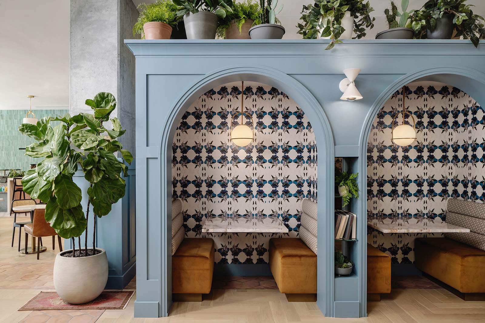 Commercial interior with patterned wallcovering
