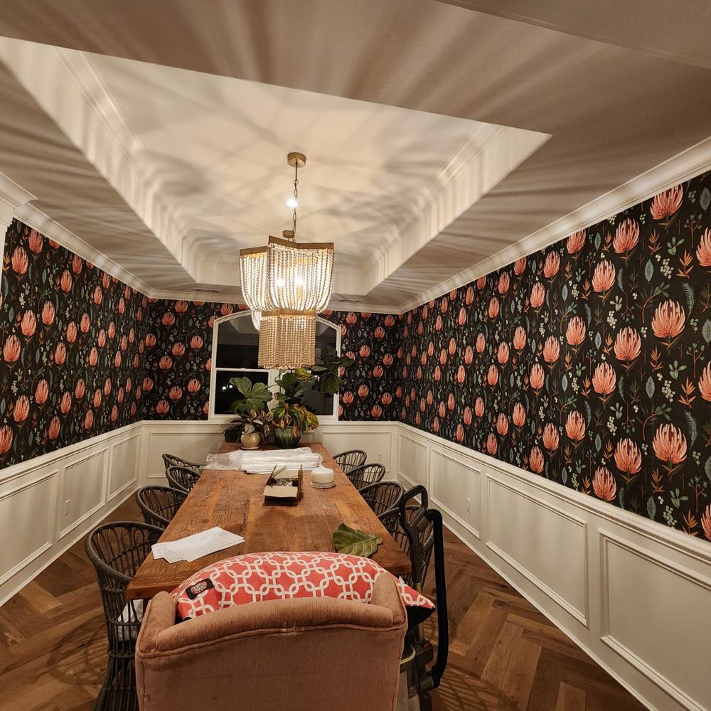Wallpapered living room with bold pattern