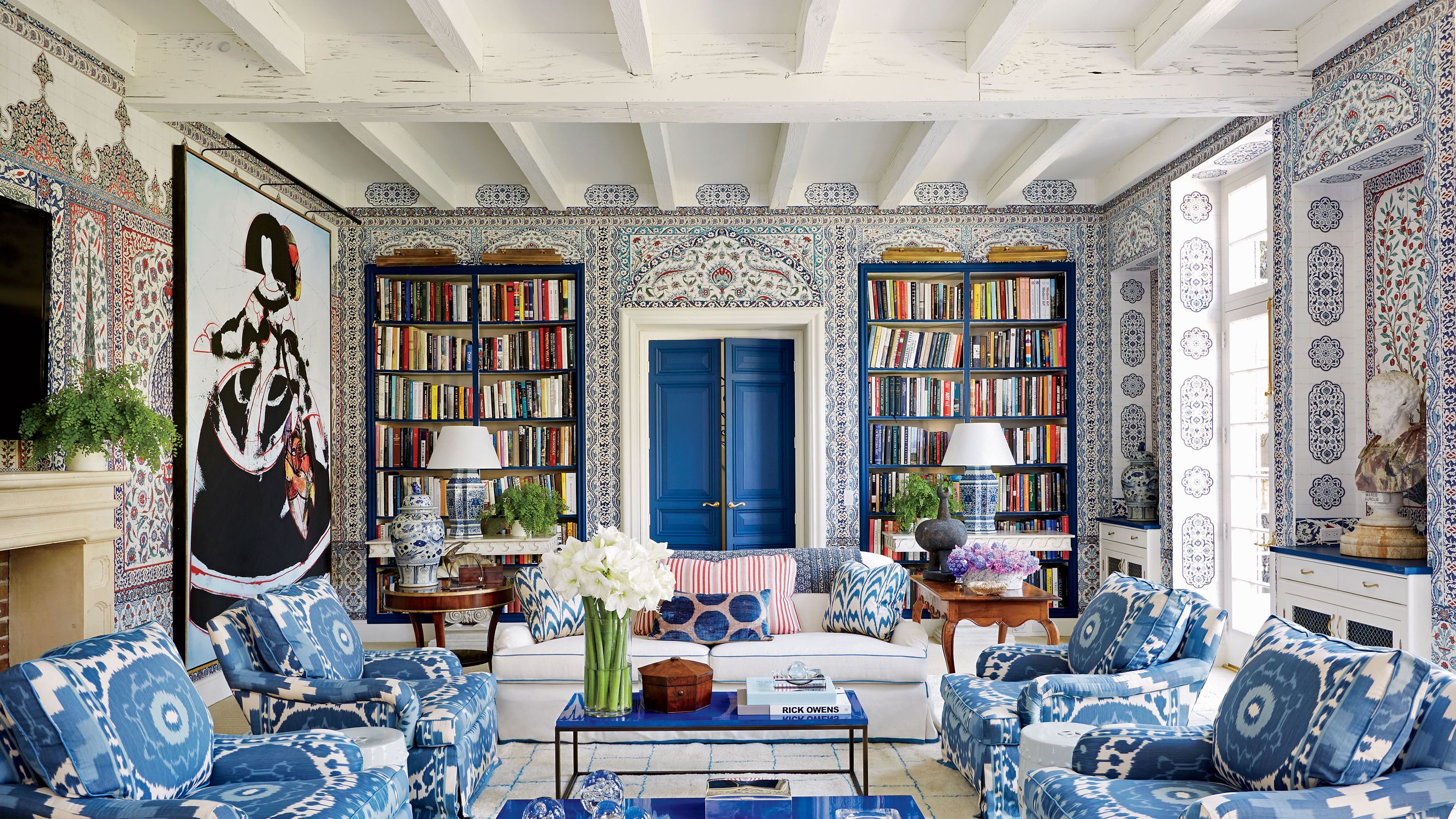 Elegant wallpapered living interior